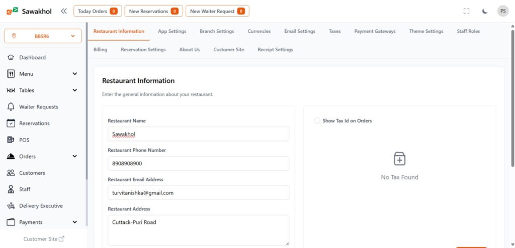 Restroflow settings for Restaurant Management