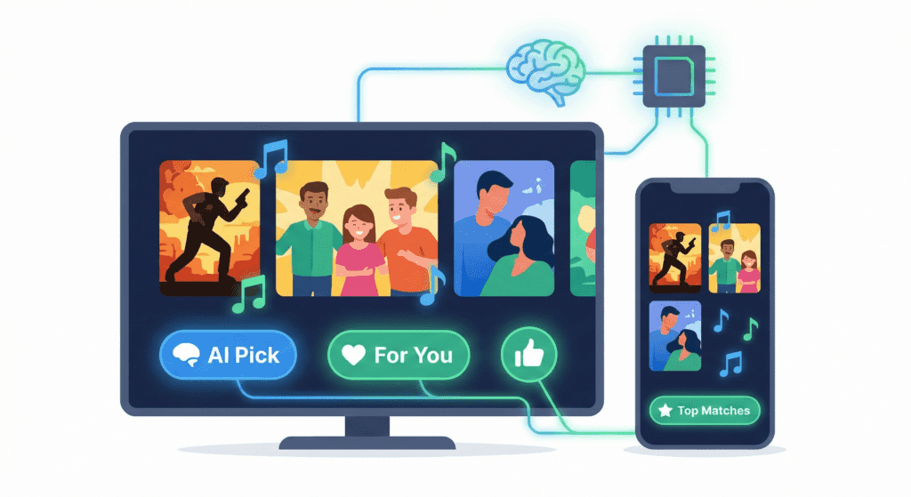 TV or phone screen showing movie posters, music notes, and recommendation badges.