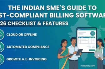 Infographic titled "The Indian SME's Guide to GST-Compliant Billing Software," detailing a 2026 checklist with features like cloud or offline options, automated compliance, and e-invoicing capabilities, presented by Webtirety.