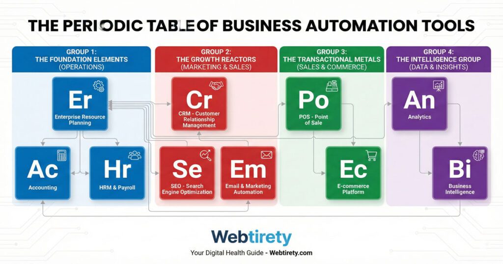 Infographic showing the Periodic Table of Business Automation Tools including CRM, ERP, and POS software.