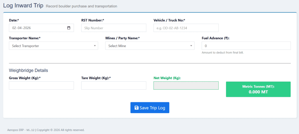 snapshot add Trips log screen CrusherBiz Module of Aeropos ERP