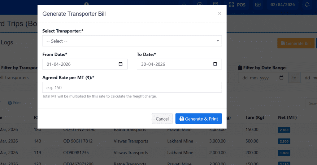snapshot generate bill screen CrusherBiz Module of Aeropos ERP