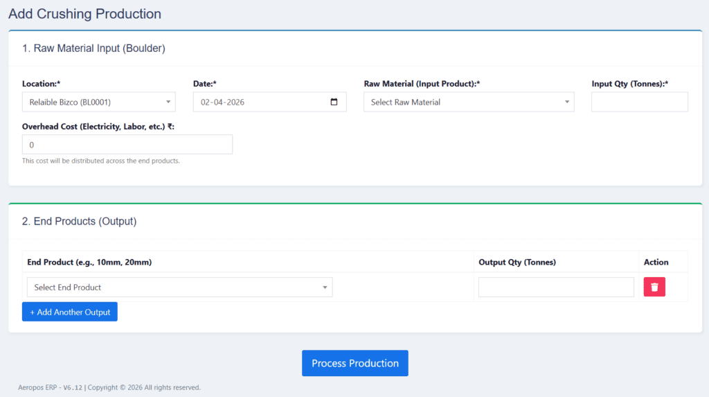 snapshot production process screen CrusherBiz Module of Aeropos ERP