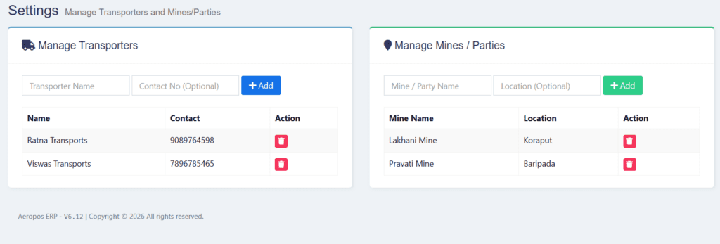 snapshot settings mines and transporters screen CrusherBiz Module of Aeropos ERP