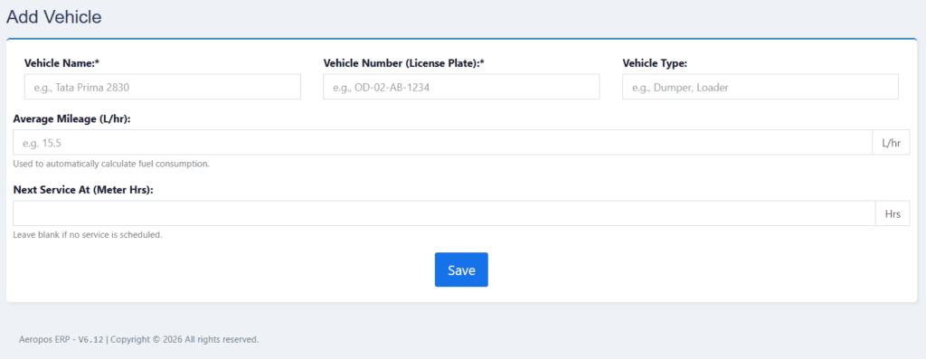 snapshot vehicle-machine add screen1 CrusherBiz Module of Aeropos ERP