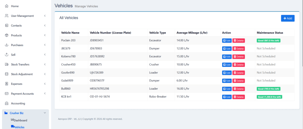 snapshot vehicle-machine logs screen CrusherBiz Module of Aeropos ERP