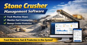 Stone crusher management software dashboard showing machine hours tracking, fuel consumption monitoring, and production management for crusher plants