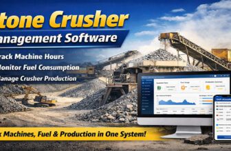 Stone crusher management software dashboard showing machine hours tracking, fuel consumption monitoring, and production management for crusher plants