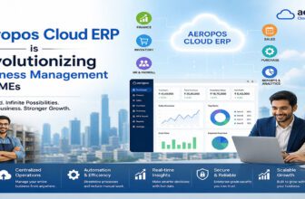 Aeropos Cloud ERP dashboard showing business automation, inventory, finance, and analytics features for SMEs