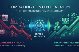 A data visualization graphic illustrating the concept of combating content entropy, showing a downward red trend line representing content decay and lost traffic, transitioning through a refresh protocol into an upward green trend line representing recurring revenue and SEO growth.