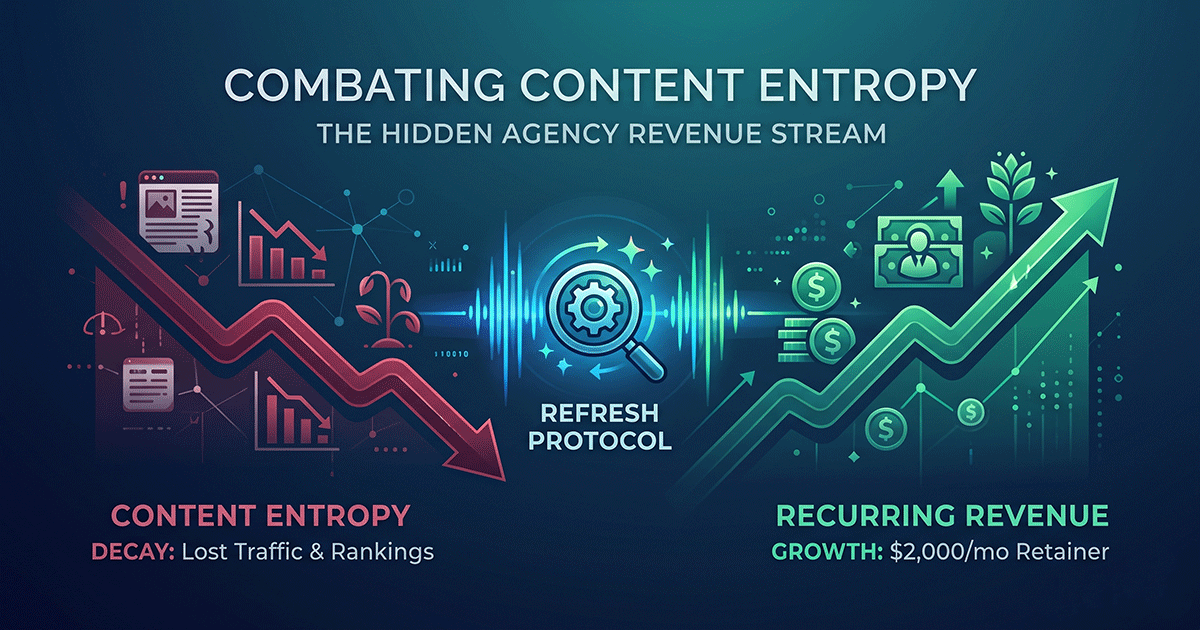 A data visualization graphic illustrating the concept of combating content entropy, showing a downward red trend line representing content decay and lost traffic, transitioning through a refresh protocol into an upward green trend line representing recurring revenue and SEO growth.